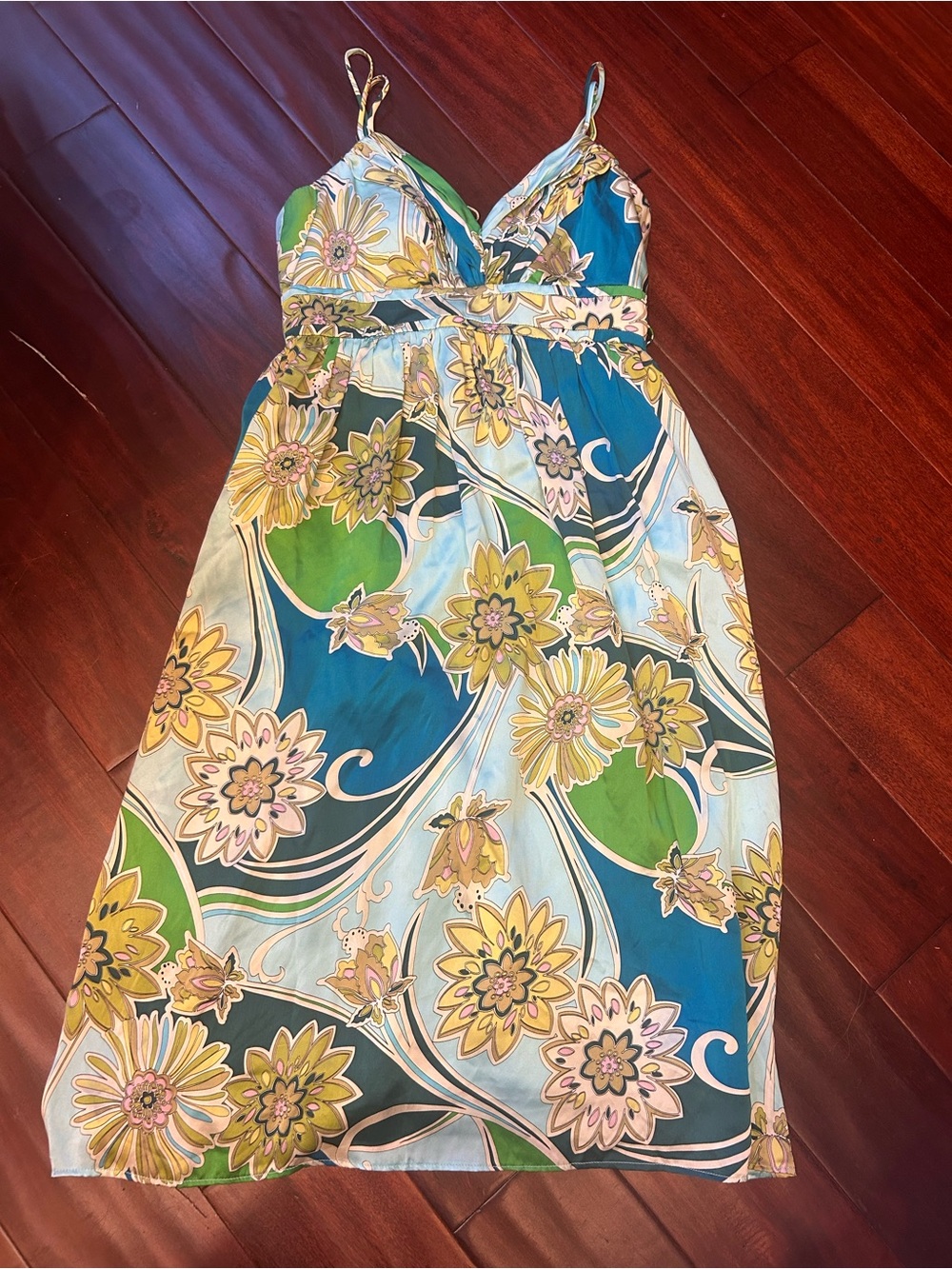 OC by Oleg Cassini Blue, Green & Yellow Floral Midi Dress